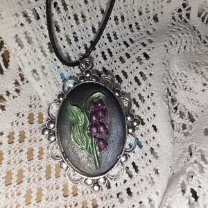 Lily Of The Valley Cameo In Metal Frame 16-18 Adjustable Cord Necklace